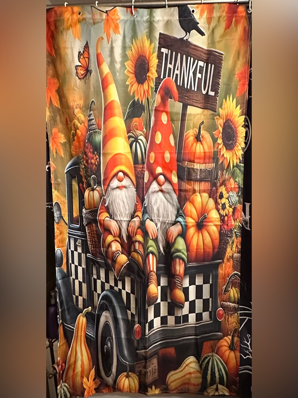 Thankful Autumn Gnome Shower Curtain - Orange & Green